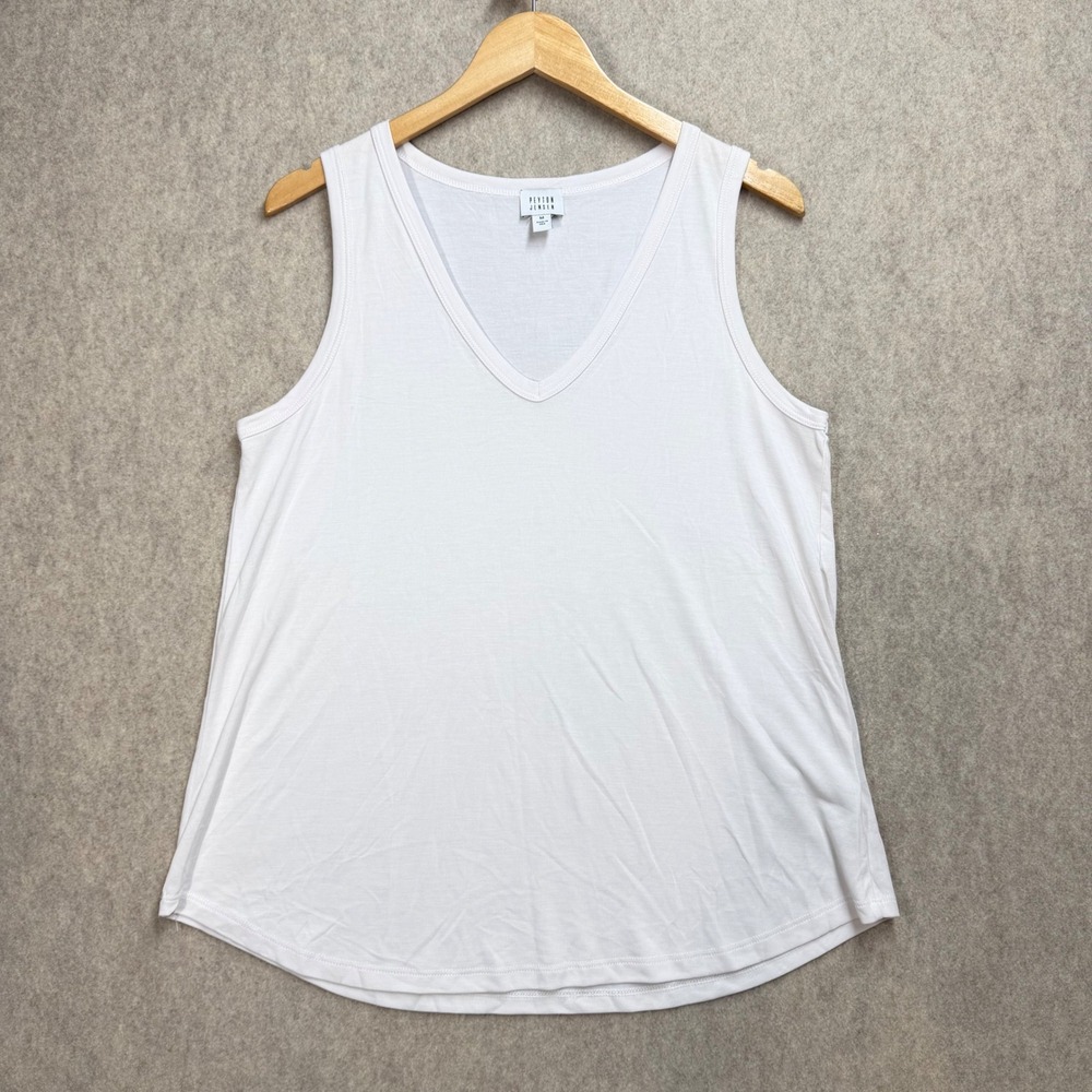 Peyton Jensen Womens White V-Neck Tank Top Modal Blend Curved Hem M USA Made